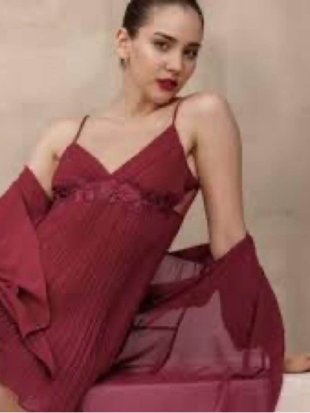 Lace-Trim Burgundy Slip Chemise with Adjustable Straps